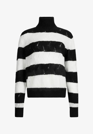 Mustvalge triibuline kaelus-sweater, millel on lühendatud disain, valmistatud tekstuursest kudumist, mis sisaldab vahelduvaid ühtlasi ja mustriga triibusid.