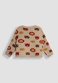 Pull en tricot beige avec des visages d'animaux colorés, y compris des lions et des ours, avec des poignets et un ourlet côtelés. Texture douce, design décontracté.