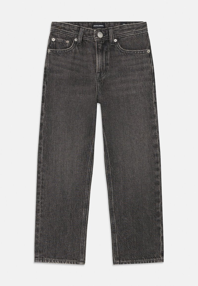 Melnas taisnas kāju džinsu bikses, izgatavotas no denima, ar piecu kabatu dizainu, metāla pogu aizdari un vieglu izbalējumu audumā.