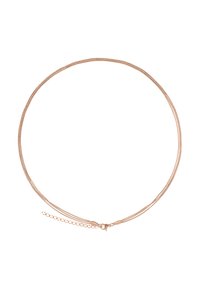 Roze gouden metalen ketting met meerdere dunne strengen, voorzien van een veilige sluiting en een verlengkettinkje voor verstelbare lengte.