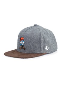 Gray wool cap with a brown suede brim. Features an embroidered character in blue and orange on the front and a logo on the side.