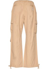 Beige cargo-bukser med snøring i kanten, flere lommer og elastisk talje. Laget av et lett og holdbart materiale.