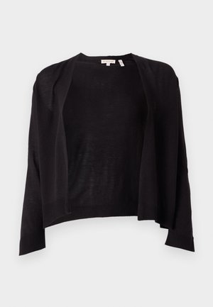 Svart cardigan med en avslappet passform, åpen front, lange ermer og ribbestrikket kant. Laget av lett strikket materiale. Ingen lukninger.