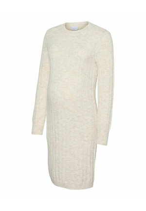 Vestido de punto de maternidad de manga larga de color crema con cuello redondo y silueta ajustada.