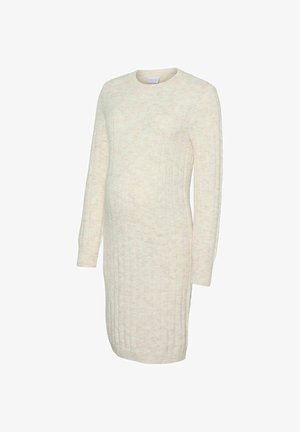 Crème-kleurige geribbelde brei lange mouw zwangerschap jurk met een ronde halslijn en een aansluitende pasvorm.