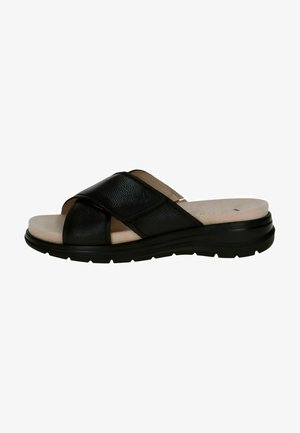 Infradito neri con ampie cinghie incrociate, materiale in pelle texturizzata, soletta imbottita e suola in gomma flessibile.