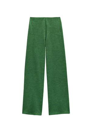 Zielone szerokie spodnie wykonane z miękkiej dzianiny, z wysokim stanem i prostymi nogawkami sięgającymi do pełnej długości.
