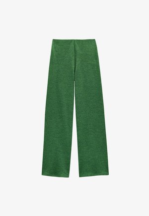 Zielone szerokie spodnie wykonane z miękkiej dzianiny, z wysokim stanem i prostymi nogawkami sięgającymi do pełnej długości.