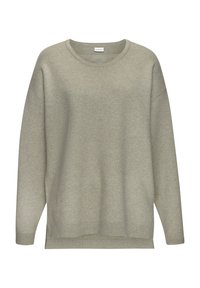 Hellgrauer, übergroßer Pullover mit rundem Halsausschnitt, überschnittenen Schultern, gerippten Bündchen und Saum, der eine weiche Textur und ein minimalistisches Design aufweist.