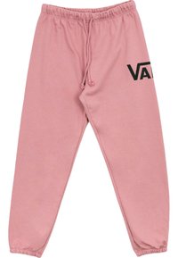 Vaaleanpunaiset collegehousut, jotka on valmistettu pehmeästä materiaalista, jossa on joustava vyötärö, säädettävä naru ja musta "VANS" -logo sivussa.