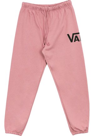 Rosa mjukisbyxor av mjukt material med elastisk midja, justerbar snörning och en svart "VANS"-logotyp på sidan.