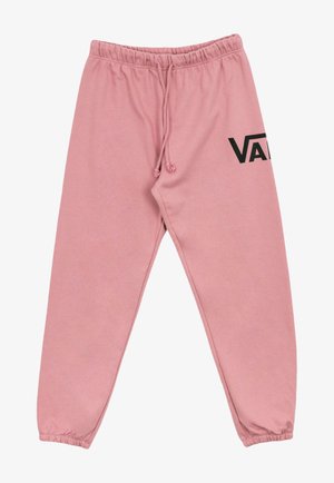 Pantaloni della tuta rosa realizzati in materiale morbido, con una vita elastica, cordoncino regolabile e il logo nero "VANS" sul lato.