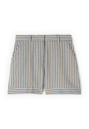 Blå, hvide og brune lodrette stribede skræddersyede shorts med taljebånd, bæltestropper, sidelommer og opkrogede kanter.