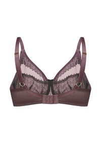 Koronkowy biustonosz w głębokim mauve, z czarnym wykończeniem, regulowanymi ramiączkami i zapięciem na hak z goldowymi detalami.