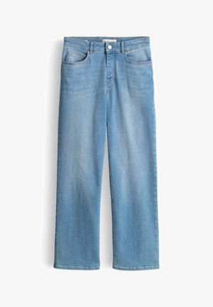 Jeans in denim azzurro chiaro con vestibilità a gamba dritta, chiusura frontale con bottone e cerniera, e modello a cinque tasche.