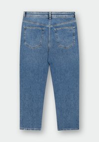 Blaue Jeans aus Denim mit geradem Schnitt, ausgestattet mit zwei Gesäßtaschen und einer ausgebleichten Textur. Der Bund ist mit Gürtelschlaufen vernäht.