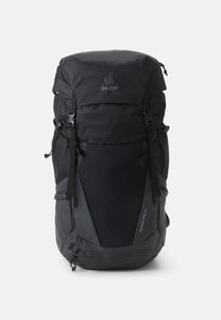 Rucsac negru cu o suprafață texturată, curele ajustabile, buzunare frontale și un șnur pe lateral. Prezintă logo-ul "deuter" și eticheta "FUTURA PRO 36".