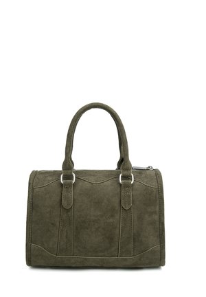 Olivgrüne Wildleder-Handtasche mit zwei Griffen, rechteckiger Form und silbernem Reißverschluss oben.