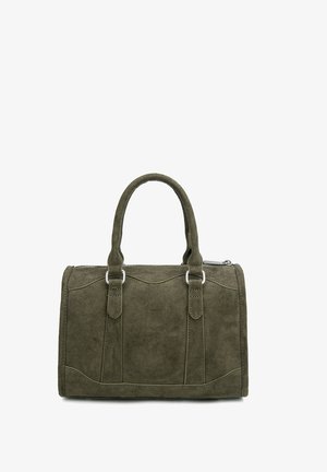 Olive green suede handbag with double handles, rectangular shape, and silver zipper closure on top.