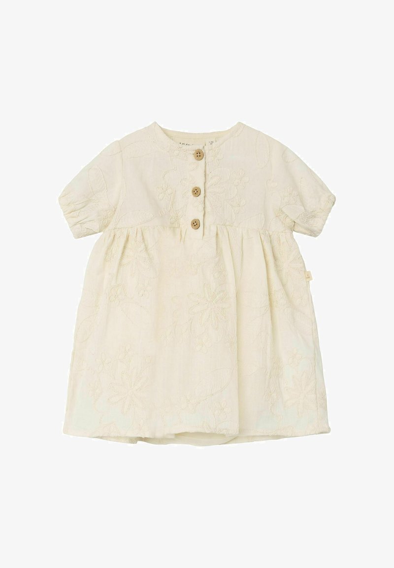 Abito in cotone color crema con motivo floreale ricamato, maniche a sbuffo corte, scollatura rotonda e tre bottoni in legno sul davanti.