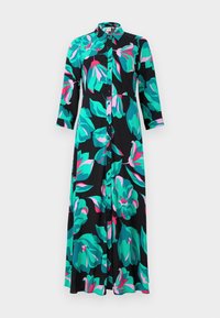 Robe à imprimé floral avec un fond noir, des feuilles vibrantes en bleu turquoise et rose, un devant boutonné et des manches trois-quarts.