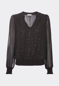 Blouse noire avec un décolleté en V, des manches longues plissées et une taille élastique. Tissu transparent avec un motif de petits points brillants.