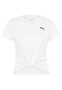 Vit kortärmad t-shirt med rund halsringning, knytfront och en svart logotyp på övre vänstra bröstet. Slät tygtextur.