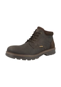 Botte de cheville en cuir marron avec des panneaux en suède texturé, semelle en caoutchouc et œillets en métal. Elle présente un design à lacets et des accents de couture contrastés.