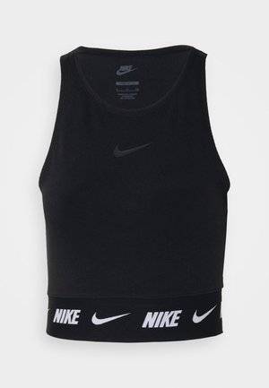 Crop top nero Nike con scollatura rotonda, vestibilità aderente e ampia fascia in vita nera con ripetizione del marchio e del logo Nike in bianco.