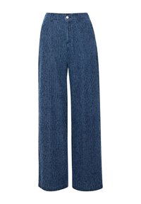 Jeans anchos azul con rayas verticales blancas, cierre de botón y traspasos para cinturón.