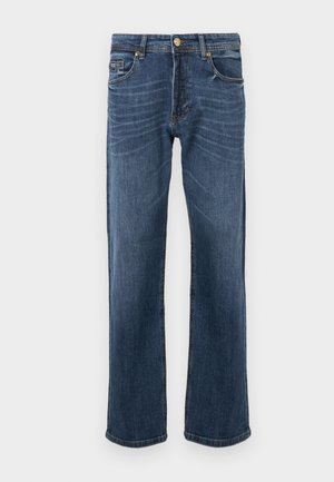 Dark blue denim jeans with a straight leg design, featuring five pockets and metal button closure. Smooth texture with slight fading details.