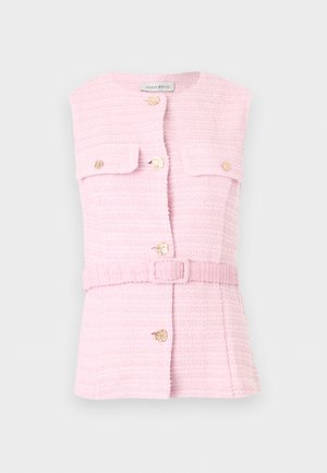 Ροζ γιλέκο χωρίς μανίκια με υφή, με χρυσά κουμπιά, δύο τσέπες με καπάκι και ζώνη στο μέγεθος που ταιριάζει.