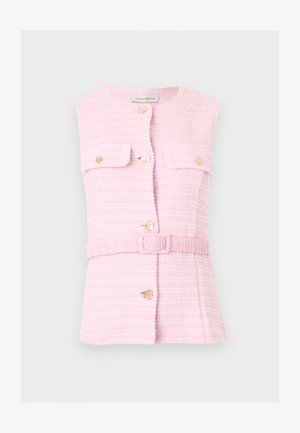 Ροζ γιλέκο χωρίς μανίκια με υφή, με χρυσά κουμπιά, δύο τσέπες με καπάκι και ζώνη στο μέγεθος που ταιριάζει.