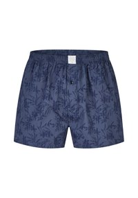 Boxer homme bleu marine avec taille élastique, braguette boutonnée et un motif discret de feuilles sombres sur toute la surface.