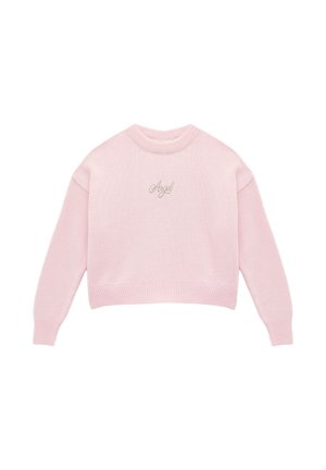 Maglione rosa chiaro in maglia con polsini e orlo a coste, con la scritta "Angel" ricamata in corsivo sul petto.