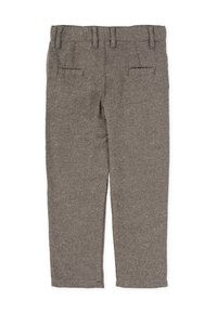 Pantalones de patrón espiga gris con corte recto, bolsillos laterales y cinturilla con presillas para cinturón.