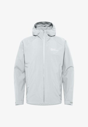 Giacca impermeabile grigia chiara realizzata in tessuto liscio, con cappuccio, zip frontale completa e logo sul petto. Maniche lunghe con polsini.