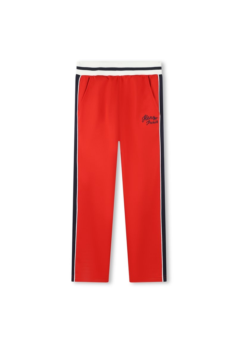 Rode sportieve broek met een witte en marineblauwe gestreepte tailleband, zijstrepen en het logo "Glenzo Paris" geborduurd aan de voorkant.