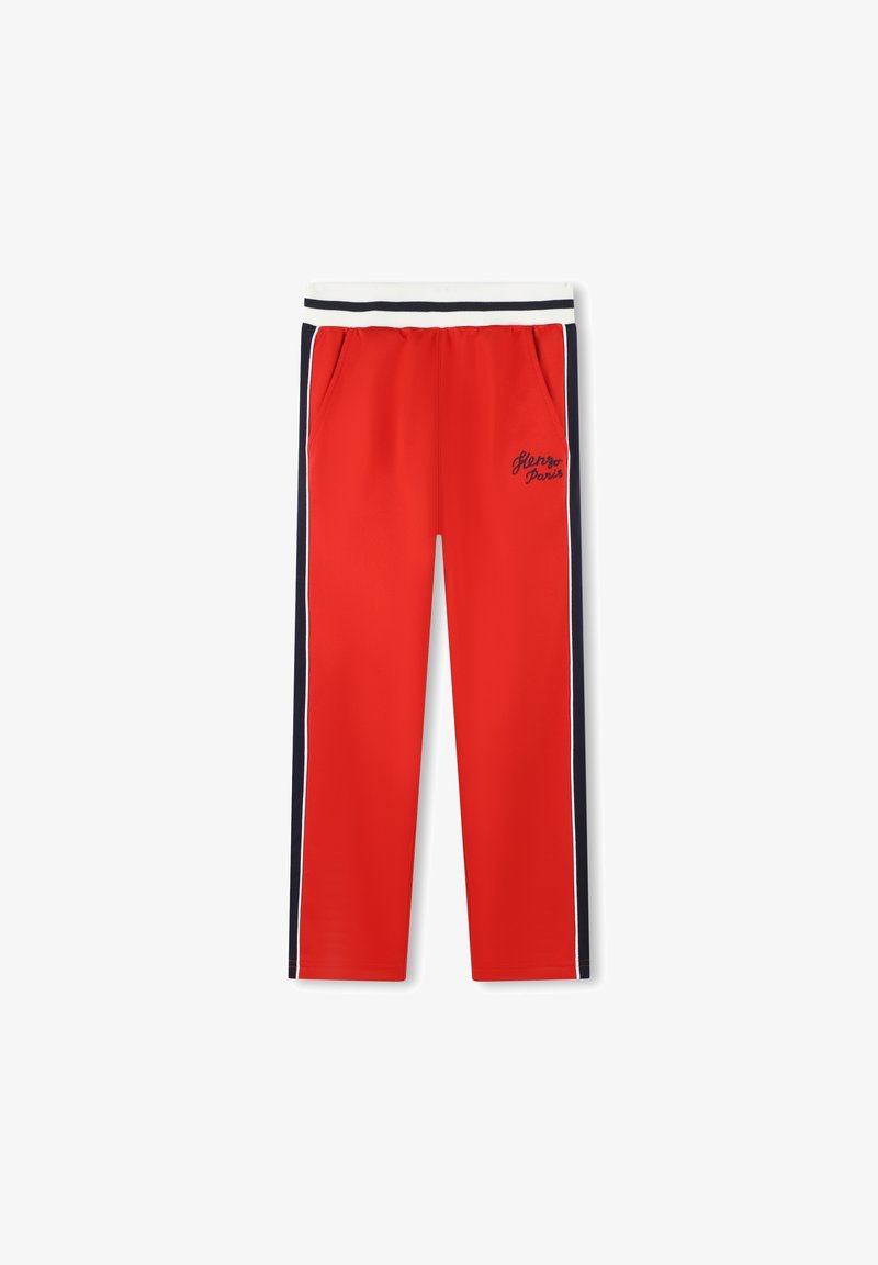 Pantalon de sport rouge avec une taille à rayures blanche et marine, des rayures sur les côtés et le texte logo "Glenzo Paris" brodé sur le devant.