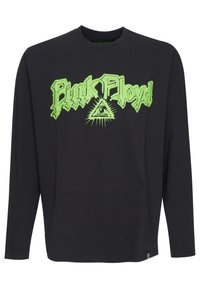 Langærmet sort bomulds T-shirt med iøjnefaldende grøn "Pink Floyd" tekst med et øje grafik og stråler, rund halsudskæring og normal pasform.