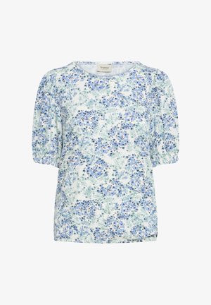 Blusa bianca con maniche corte a sbuffo, scollo tondo e motivo floreale blu e verde.