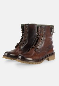 Bottes en cuir marron à la cheville avec œillets en métal, fermeture éclair, semelle en caoutchouc texturée et accents verts au col. Coutures détaillées visibles.