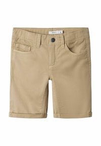 Shorts beiges en mélange de coton, avec cinq poches, une fermeture à bouton et des ourlets roulés pour un design décontracté.