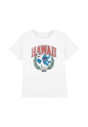White T-shirt with red "HAWAII" text, blue cartoon character kicking a soccer ball, green laurel wreath, and "2002" below.
