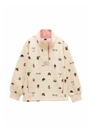 Flødefarvet pullover med rosa kraveforing, der har ridedagstema-ikoner som støvler, hjelme, hestesko og sadler samt lynlåslommer foran.