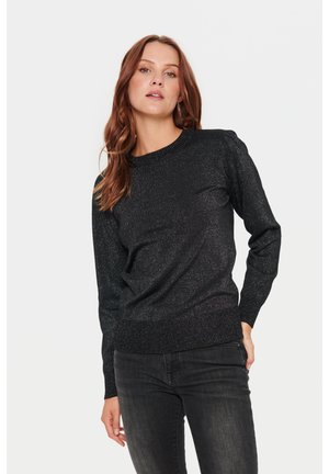 Sort, glitrende striktrøje med rund halsudskæring, ribbede manchetter og kant, med en afslappet pasform og let puffede skuldre.