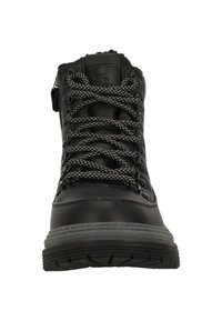 Black waterproof hiking boots with textured leather upper, gray rubber sole, and contrasting gray laces with metal hooks.