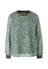 Gennemsigtig langærmet bluse med et flerfarvet sprøjtemønster i grøn, blå og brun, med en ensfarvet olivengrøn ribkant i halsen og ærmerne.