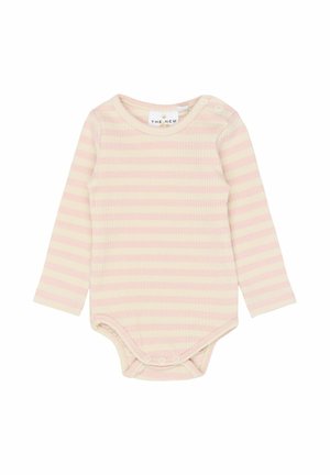 Body de manga larga para bebé en tela acanalada suave, con rayas en tonos rosa claro y blanco. Cierres de botones a presión en el hombro y en la parte inferior.