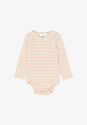 Body a maniche lunghe per neonato in tessuto a coste morbido, caratterizzato da righe rosa chiaro e bianche. Chiusure a scatto sulla spalla e sul fondo.